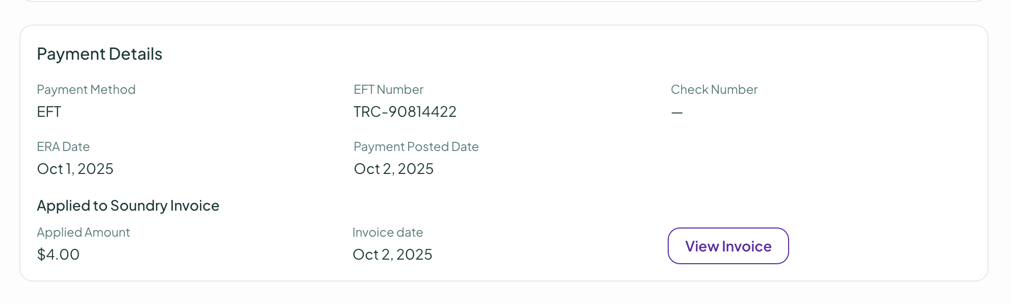 Claim payment details including EFT, check, and trace references